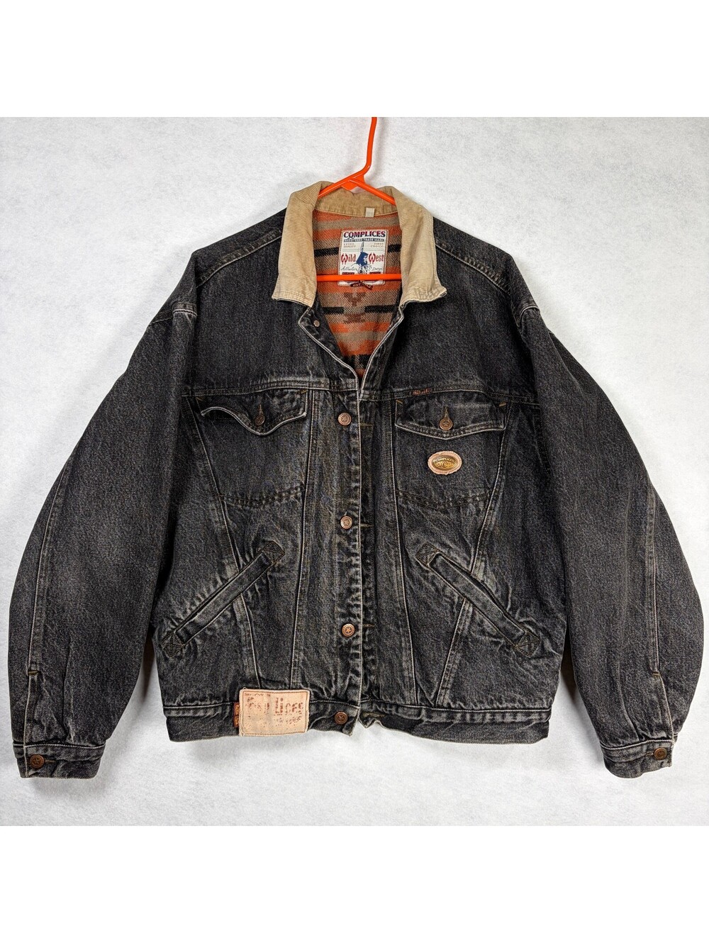 90s Complices Wild West Vintage Black Denim Jacket with Patterned Lining